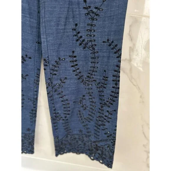 Yigal Azrouel Pants Lightweight Eyelet Trousers Blue Black Embroidery Size 6